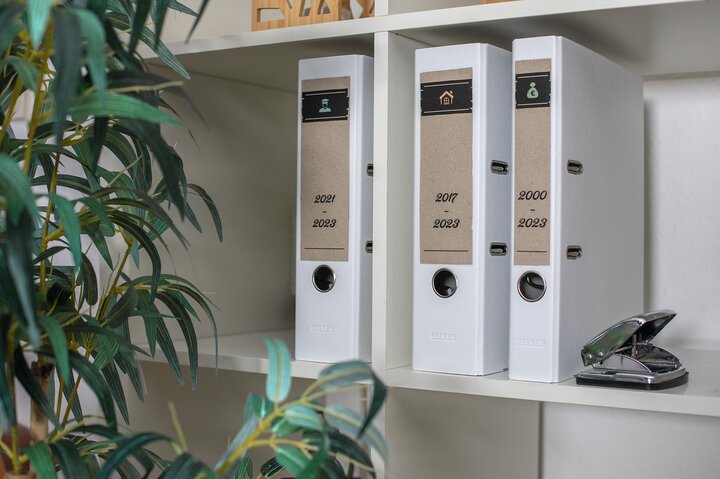 Ordneretiketten aus Silphie-Papier A4, 192x61 mm, naturbraun, permanent haftend, 20 Blatt, 80 Klebeetiketten