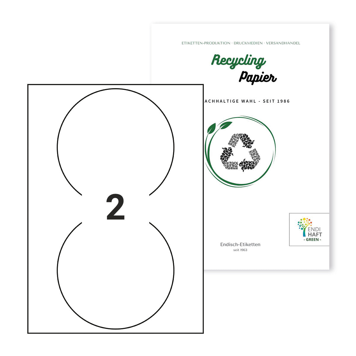 Recycling Etiketten, 140 mm rund auf DIN A4 Bögen