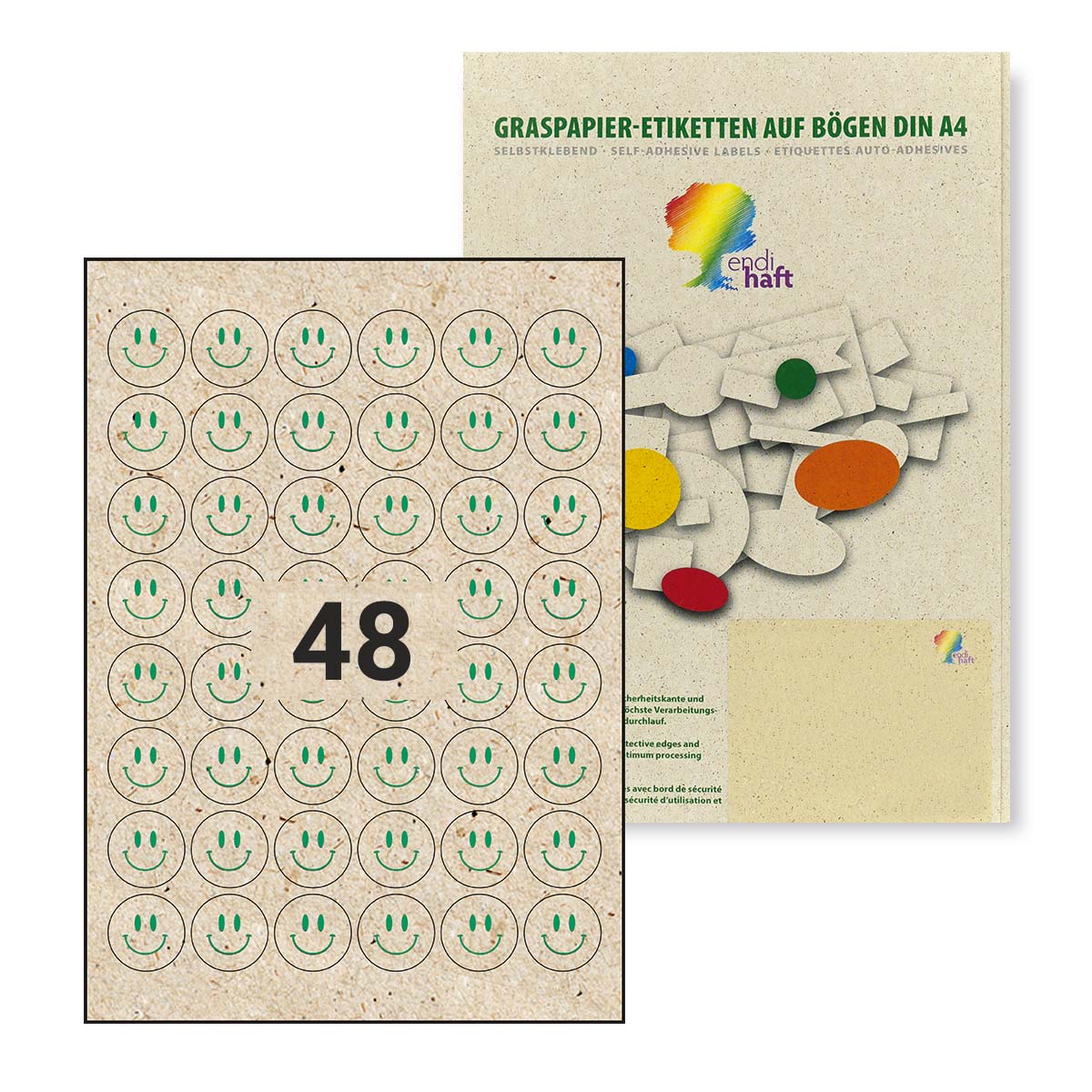 ENDI-HAFT, Smily Aufkleber aus Graspapier, 30 mm rund auf DIN A4 Bögen
