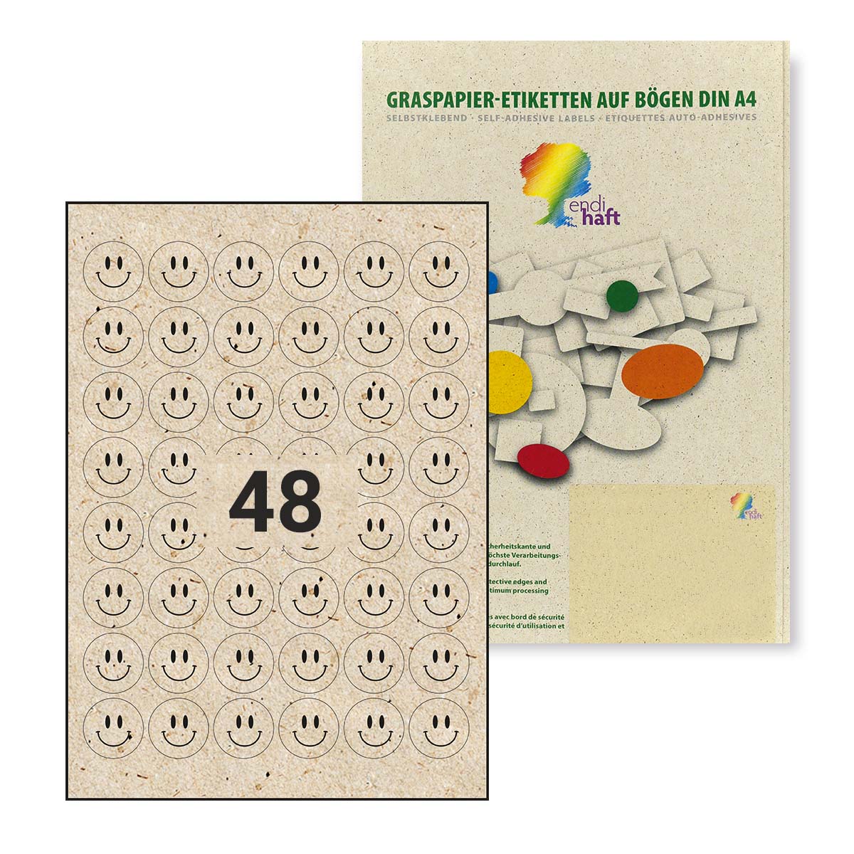 ENDI-HAFT, Smily Aufkleber aus Graspapier, 30 mm rund auf DIN A4 Bögen