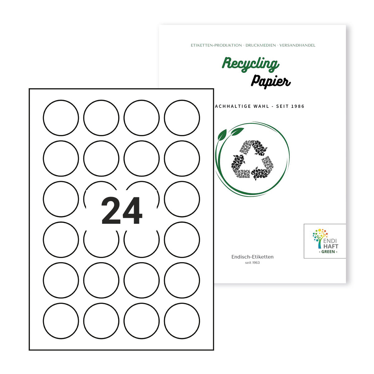 Recycling Etiketten, 40 mm rund auf DIN A4 Bögen