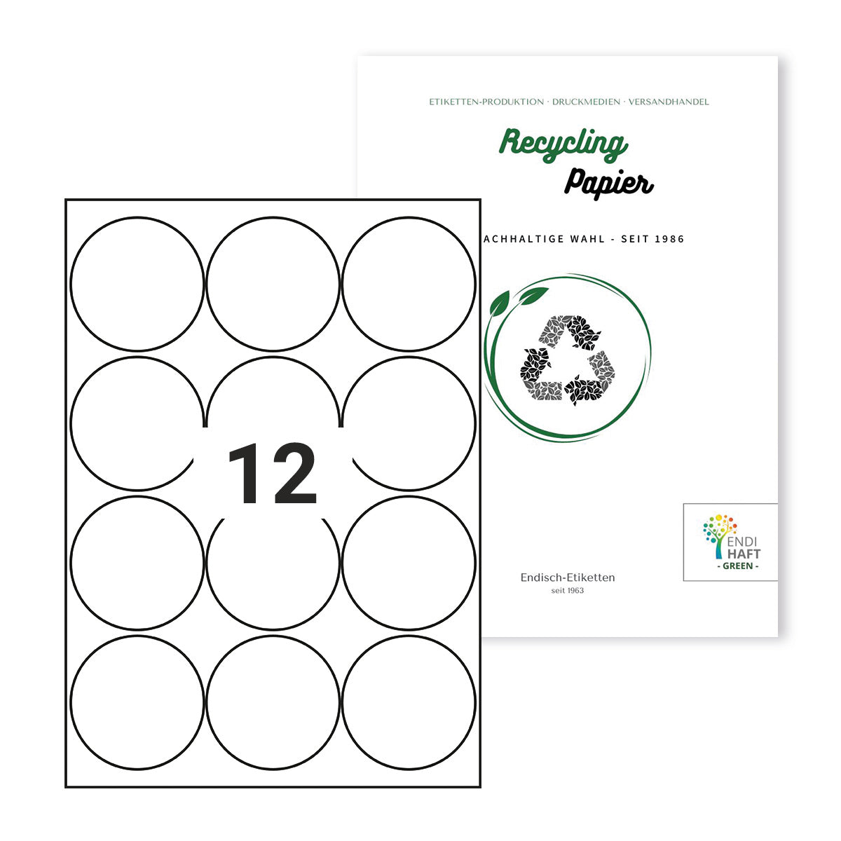Recycling Etiketten, 67,5 mm rund auf DIN A4 Bögen