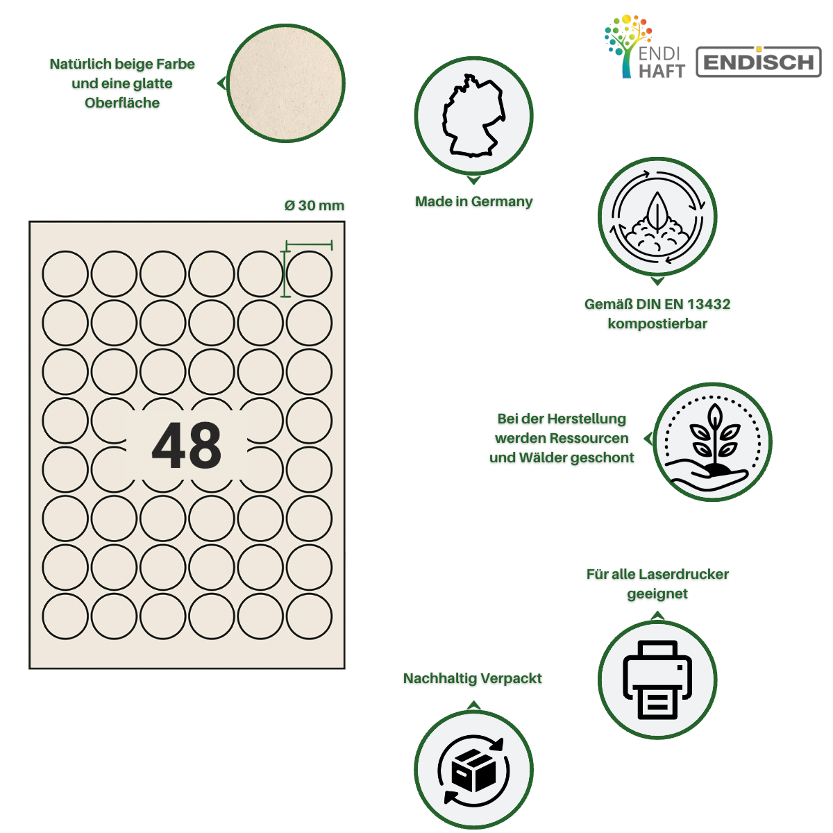 BIOpaper Natural, 30 mm rund auf DIN A4 Bögen