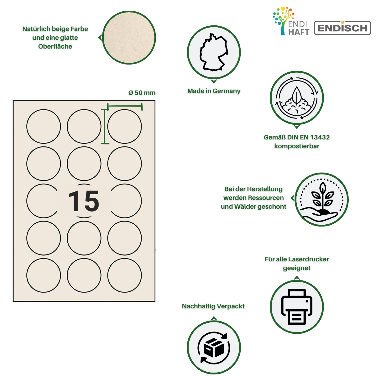 BIOpaper Natural, 50 mm rund mit 15 Nutzen auf DIN A4 Bögen