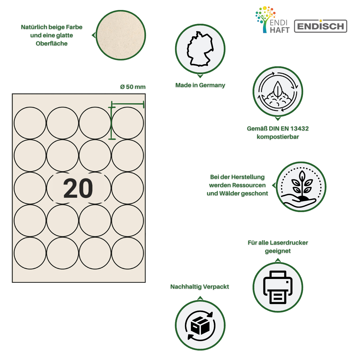 BIOpaper Natural, 50 mm rund mit 20 Nutzen auf DIN A4 Bögen