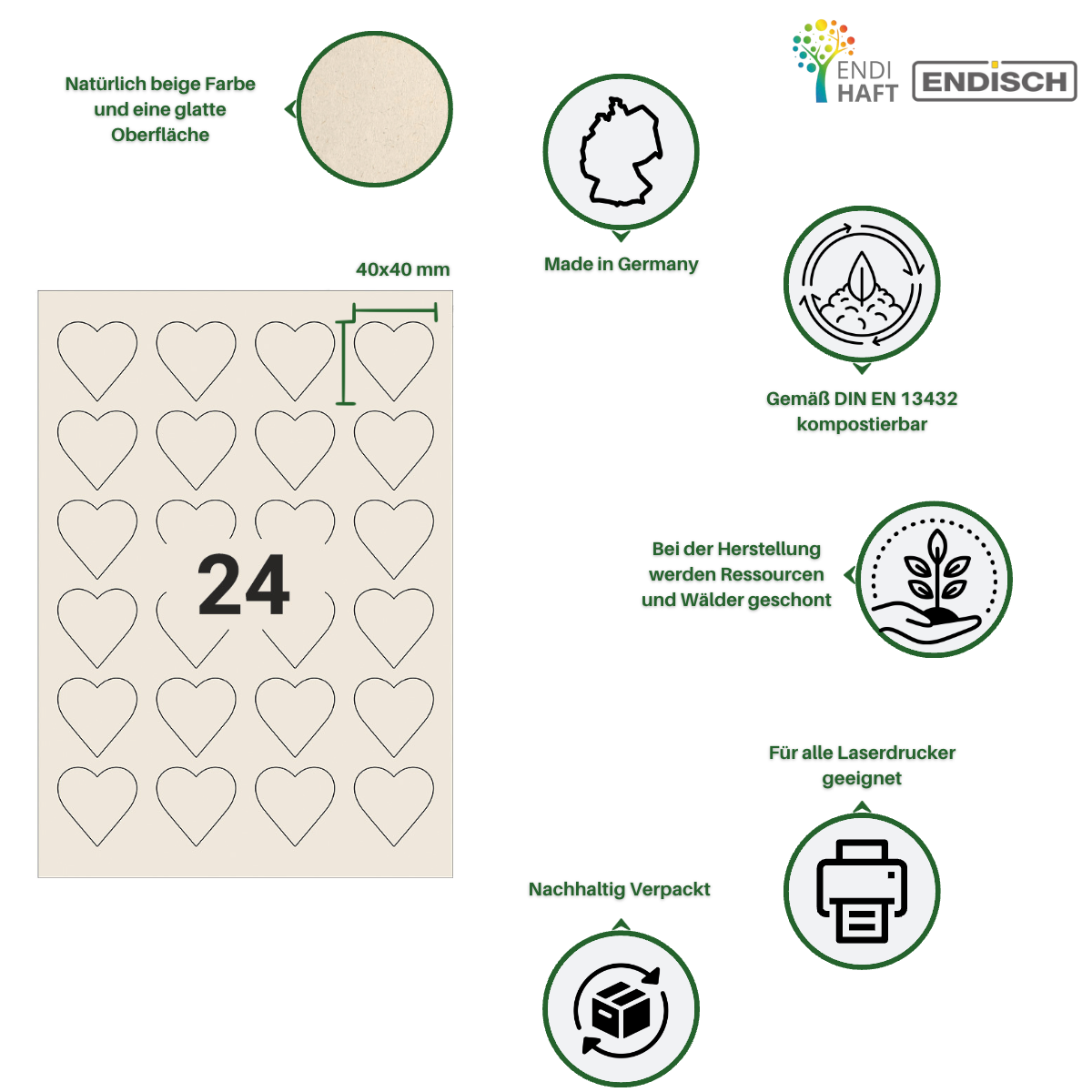 BIOpaper Natural, 40x40 mm Herzform auf DIN A4 Bögen