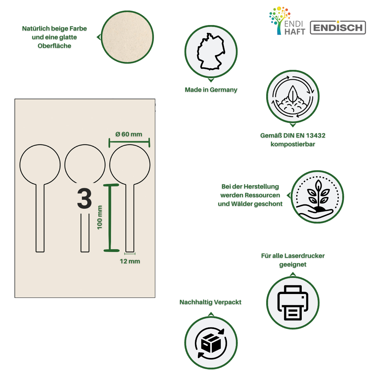 BIOpaper Natural Ø 60x160/12 mm Siegeletikett auf A4 Bögen