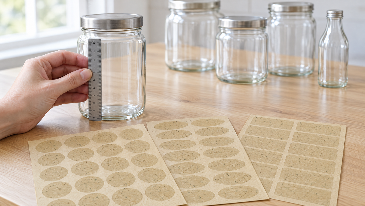 Lineal an einem Glas und Etikettenbögen mit verschiedenen Formen