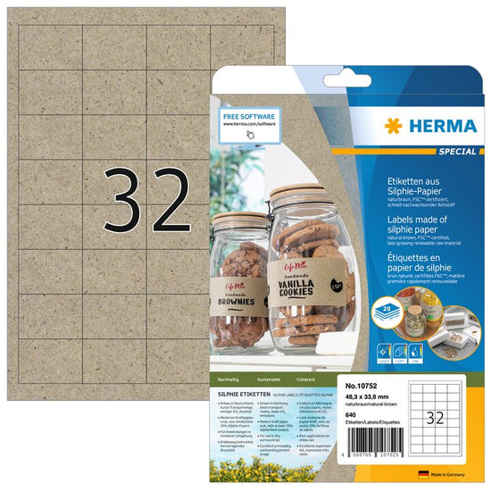 Etiketten aus Silphie-Papier A4, 48,3x33,8 mm, naturbraun, permanent haftend, 20 Blatt, 640 Klebeetiketten