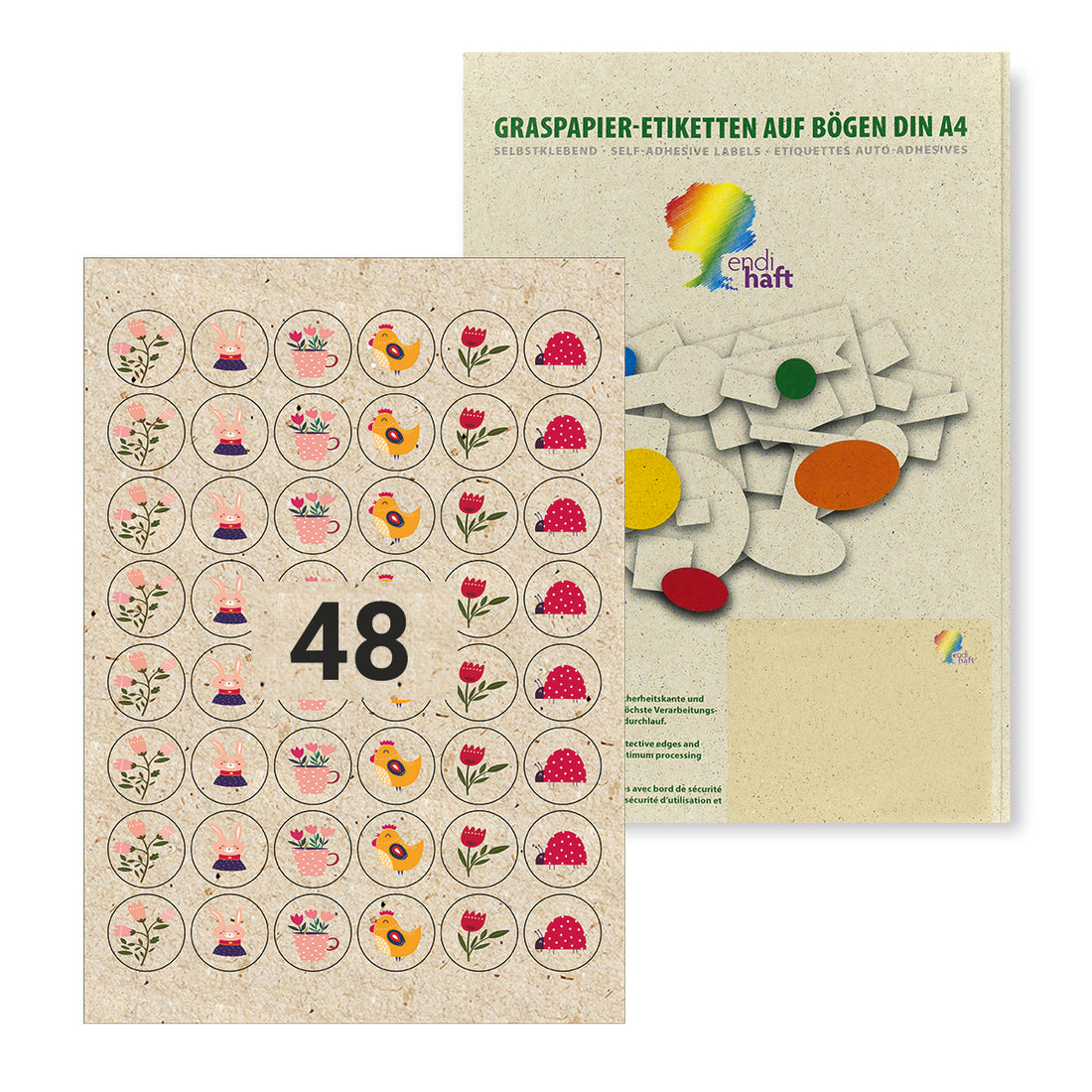 Bedruckte Etiketten für Ostern, 30 mm rund, 6 verschiedene Motive auf DIN A4 Bögen