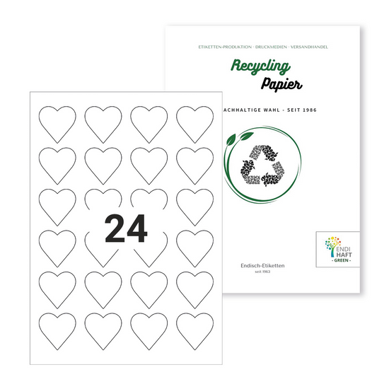 Recycling Etiketten 40x40 mm Herzform auf DIN A4 Bögen