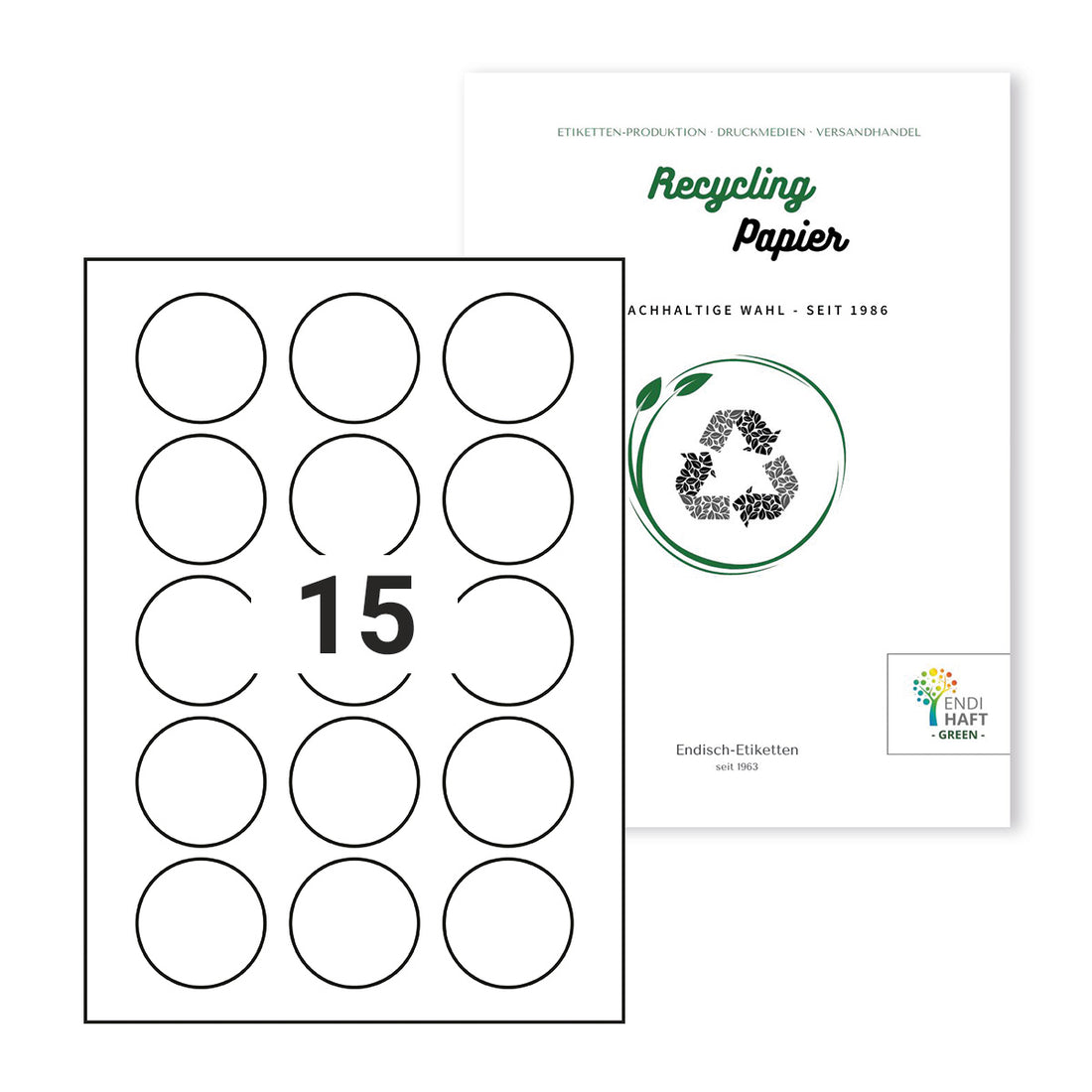 Recycling Etiketten, 50 mm rund auf DIN A4 Bögen 15 Nutzen