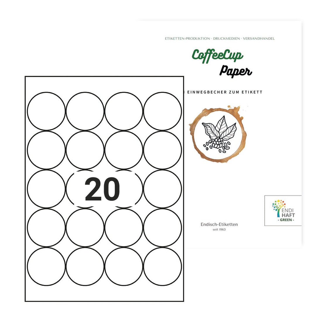 CoffeeCup Paper, 50 mm rund mit 20 Nutzen auf DIN A4 Bögen